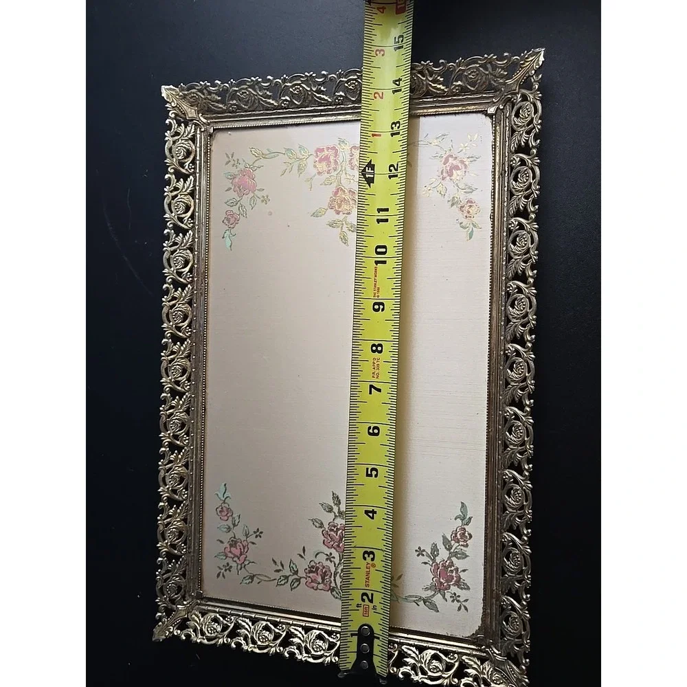 VTG Hollywood Regency Gold Tone Glass Rectangle Vanity Tray Filigree 14.5 x 9.5